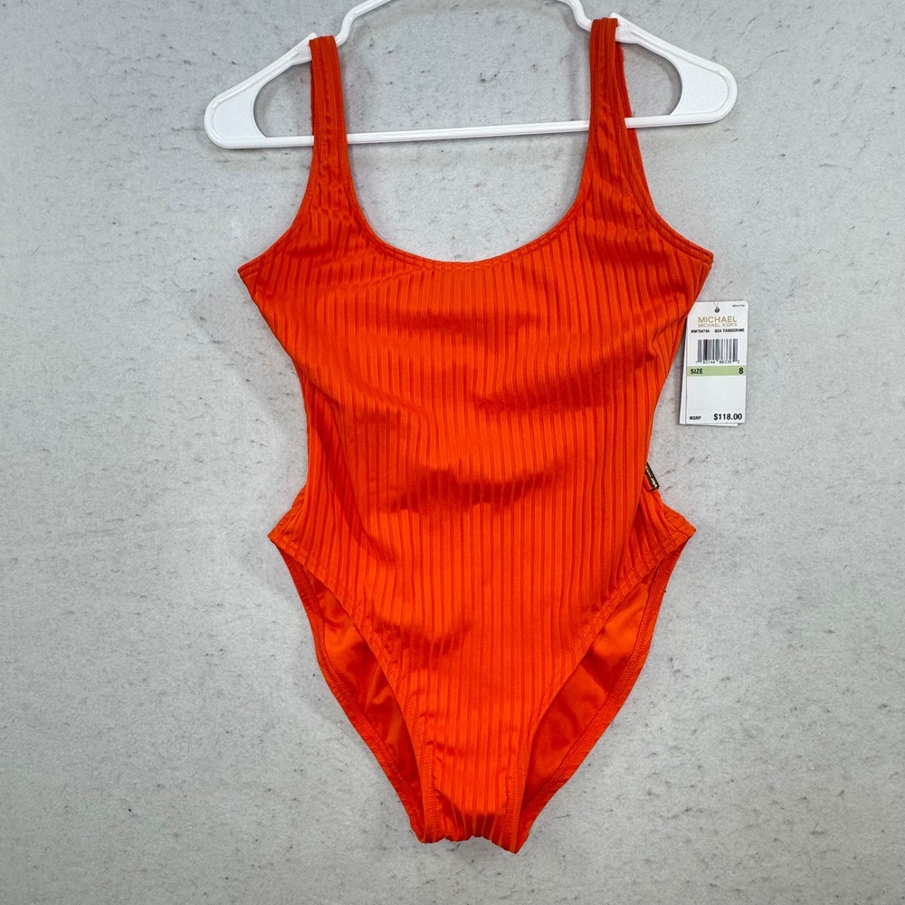 New $118 Michael Kors Swimsuit Women 8‎ Tangerine Ribbed Scoop One Piece Cheeky